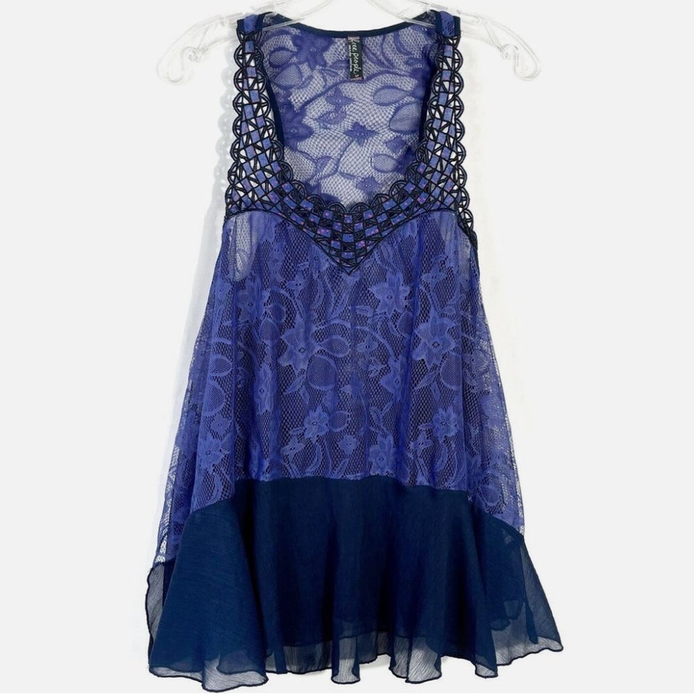 FREE PEOPLE Elegant Indigo Blue Lace Chiffon Tank Top Size M